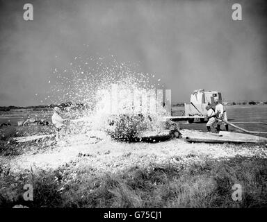 'Snow' fliegt als Männer von der Schule für Flugzeughandhabung, Gosport, Hampshire (bekannt für die Royal Navy als HMS Siskin), demonstrieren "Nubian", der Feuertender im Hintergrund gesehen, die neueste Art von Ausrüstung im Dienst, an der Royal Naval Air Service Station, Lee auf Solent. Ein Flugzeugbrand wird von (l-r) Naval Airman L. Fox aus Acton, London, A. E. Mulry, aus Rowland's Castle, Hampshire, und K. E. Reeves aus Exton, Hampshire, niedergeworfen. Der Betreiber auf dem Tender ist Naval Airman C. Sword, von Southend on Sea. Stockfoto