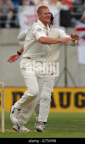 Der englische Matthew Hoggard feiert, nachdem er am zweiten Tag des ersten Testkampfes gegen Neuseeland im Jade Stadium in Christchurch das Wicket des neuseeländischen Daniel Vettori gewonnen hat. * ... Yorkshire Fast Bowler Hoggard behauptete eine Karriere-beste sieben für 63, um Neuseeland zu entlassen, und nahm am zweiten Tag ohne Verlust an neun auf, um die 228 Englands zu jagen, für 147 in nur 51.2 Übergängen. Stockfoto