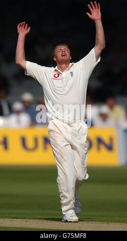 Der englische Andrew Flintoff feiert, nachdem er Sri Lankas Mahela Jayawardene am ersten Tag des ersten Testspieles auf Lord's Cricket Ground, London, für 107 Läufe von Marcus Trescodick gefangen hat. Stockfoto