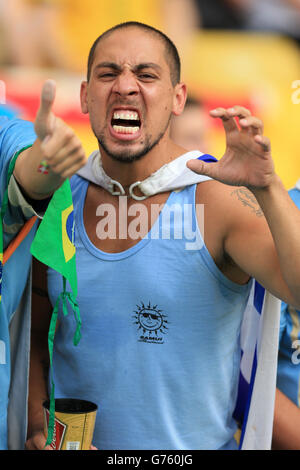 Uruguay-Fans zeigen ihre Unterstützung für Luis Suarez in den Tribünen vor der FIFA WM, Runde 16 Spiel im Estadio do Maracana, Rio de Janeiro, Brasilien. Stockfoto