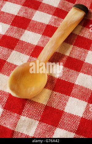 Kaviar-Löffel gemacht des Knochens auf rote und weiße aufgegebenes Picknick Tuch liegen. Stockfoto