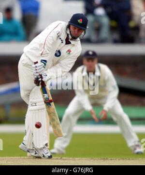 Lancashire Batsman Neil Fairbrother spielt beim Frizzel County Championship Match im Liverpool Cricket Club einen Ball von Kent Bowler Amjad Khan. Stockfoto