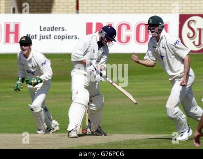 Andrew Strauss (Mitte) von Middlesex spielt nach einer Lieferung von Stuart MacGill, dem australischen Leg Spinner von Nottinghamshire, als Middlesex während des Frizzell County Championship-Spiels in Trent Bridge, Nottingham, auf 259 zusammenbricht. Stuart McGill von Nottinghamshire holte 14 Wickets in dem Spiel, das Nottinghamshire mit einem Innings und 73 Runs gewann. Stockfoto