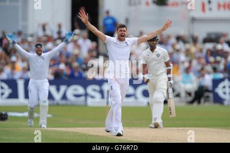 Der englische James Anderson appelliert an den Schiedsrichter gegen Indien am fünften Tag des ersten Investec-Testmatches in Trent Bridge, Nottingham. Stockfoto