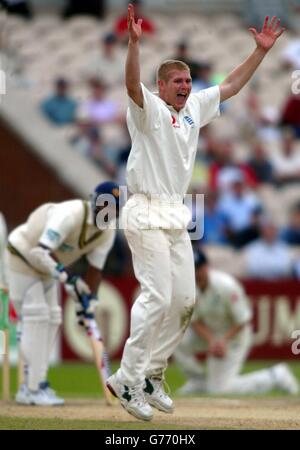 Der englische Matthew Hoggard feiert das Wicket von Sri Lankas Chaminda Vass, nachdem er ihn LBW beim 3. Test in Old Trafford, Manchester, einfangen hatte. Stockfoto