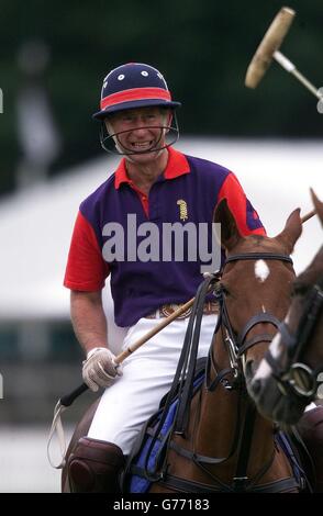 Der Prinz von Wales im Einsatz für Highgrove gegen das Cirencester Park Polo-Team in Cirencester im Burberry Cup, den das Team des Prinzen 4:3 gewann. Stockfoto