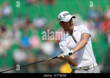 Der französische Gregory Bourdy am zweiten Tag der Open Championship 2014 im Royal Liverpool Golf Club, Hoylake. Stockfoto