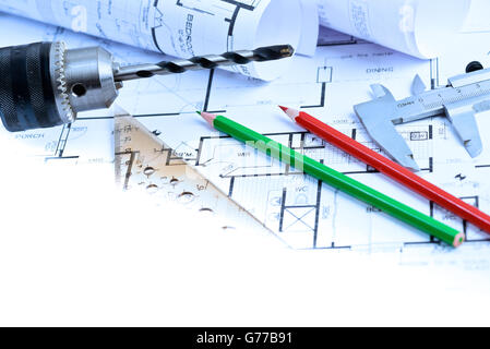 Architekturpläne des neuen Heims mit textfreiraum für Nachricht Stockfoto
