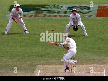 - KEINE KOMMERZIELLE NUTZUNG: Englands Marcus Trescodick (links) und Wicketkeeper Alec Stewart beobachten, wie der australische Schlagmann Damien Martyn am dritten Tag des 2. Tests im Adelaide Oval, Adelaide, Australien, einen Kopfgeldjäger von Andrew Caddick (unseen) erhält. Stockfoto