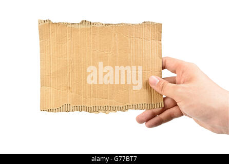 Hand mit leeren Stück Pappe isoliert auf weiss Stockfoto