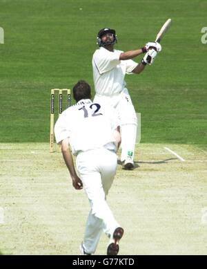 Surrey Batsman Saqlain Mushtaq trifft den Sussex Bowler Robin Martin-Jenkins und wird von Richard Montgomerie für 32 während eines County Championship Spiels im Oval, London, gefangen. Stockfoto