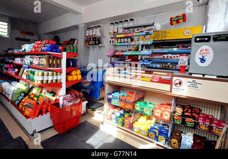 Ein Blick in den Cornershop in Wellington Row, Bethnal Green, East London, eine Kunstinstallation der Textilkünstlerin Lucy Sparrow, in der fast 2,000 klassische Lebensmittel aus Filz handgefertigt werden und als Kunstwerk zum Verkauf stehen. Stockfoto