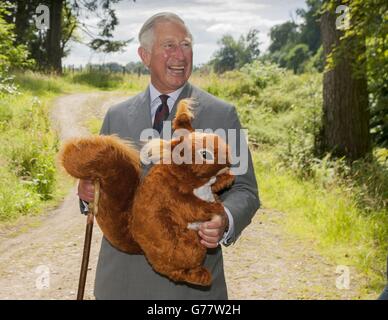 Der Prinz von Wales erhält für Prince George ein rotes Spielzeug-Eichhörnchen, das der Scottish Wildlife Trust während des Besuchs von Murthly Castle, Perthshire, zur Teilnahme an einem Empfang anlässlich des 50. Jahrestages des Trusts überreicht hat. Stockfoto