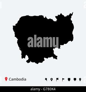 Hoch detaillierte Vektorkarte von Kambodscha mit Navigation Pins. Stock Vektor