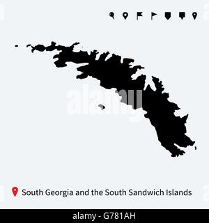 Detaillierte Karte von Süd-Georgien und Sandwich-Inseln mit Stiften. Stock Vektor