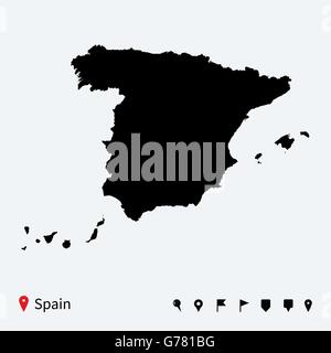Hoch detaillierte Vektorkarte von Spanien mit Navigation Pins. Stock Vektor