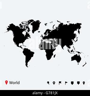 Hoch detaillierte Vektorkarte von Welt mit Navigation Pins. Stock Vektor