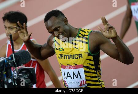 Sport - Commonwealth Games 2014 - Tag Neun. Jamaikas Usain Bolt reagiert auf die Kamera nach seiner 4x100-m-Staffel-Hitze während der Commonwealth Games 2014 in Glasgow. Stockfoto