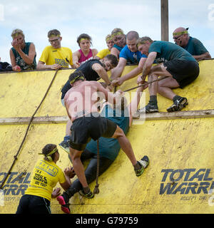 Leeds, UK. 25. Juni 2016. Eine Gruppe von Menschen, die alle dazu, eine Frau, die kämpft beitragen, um das letzte Hindernis des Total Warrior Ereignis im Braham Park, Leeds am 25. Juni 2016 komplett Credit: John Hopkins/Alamy Live News Stockfoto