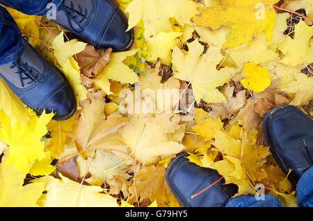 Draufsicht auf die männlichen und weiblichen Füße stehen auf dem Rasen bedeckt mit gefallenen Herbst gelb Ahornblätter. Stockfoto