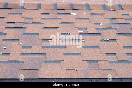 Blick vom Dach Schindeln Closeup braun mit ein paar gelben Herbstlaub auf der Oberfläche. Selektiven Fokus. Stockfoto