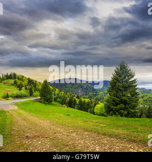 asphaltierte Straße den Berg hinunter gehen und sich in Bergen, durchläuft den grünen schattigen Wald bei schlechtem Regenwetter Stockfoto