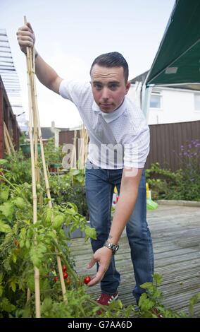 Davey Graham inspiziert Tomatenpflanzen in seinem Haus in Clifton, Nottingham. Der ehemalige Soldat war mit dem 1. Bataillon, dem Worcestershire and Sherwood Regiment (1WFR) auf seiner zweiten Afghanistan-Tournee, als er während einer Routinepatrouille von den Taliban angeschossen wurde. Stockfoto