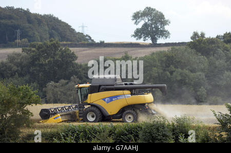 Ein Mähdrescher bei der Arbeit in einem Feld in Northumberland. Stockfoto