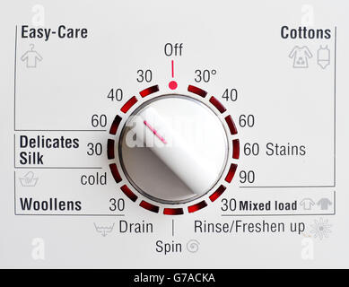 Ein Temperaturregler und ein Drehregler für die Waschauswahl, der auf eine pflegeleichte 40-Grad-Waschanlage in einer Haushaltswaschmaschine eingestellt ist. Stockfoto