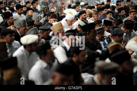 Ahmadiyya Muslime versammeln sich zum Freitagsgebet im Hauptzelt, während sie sich bis zu 30,000 Muslimen anschließen, um während der Jalsa Salana UK 2014 in Alton, Hampshire, dem Kalifen Treue zu versprechen. Stockfoto