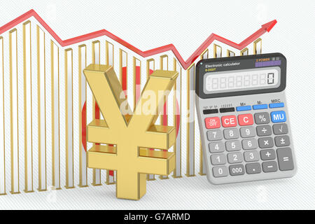 Business Finance, Banking und Buchhaltung Diagramm mit Symbol des japanischen Yen und Taschenrechner. 3D-Rendering Stockfoto