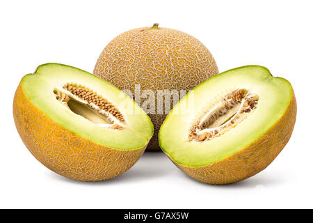 Frische reife Bio Melone Melonen isoliert auf weißem Hintergrund Stockfoto