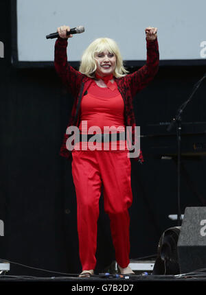 Debbie Harry von Blondie tritt am ersten Tag des V Festivals im Hylands Park in Chelmsford, Essex, auf der MTV-Bühne auf. Stockfoto