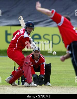 Lancashire Lightning's Schofield trifft auf einen Ball von Adrian Dale von Glamorgan Dragons bei ihrem Spiel in der Totesport Division One in der Penrhyn Road, Ross on Sea. Stockfoto