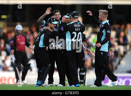 Surrey's Jade Dernbach (in der Mitte) feiert mit seinen Teamkollegen nach dem Wicket von Somerset's Peter Trego. Stockfoto