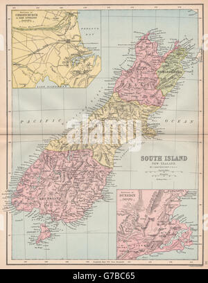 SOUTH ISLAND NEUSEELAND. 1870 Provinzen zeigt. Dunedin-Christchurch, 1878-Karte Stockfoto