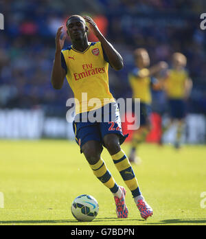 Fußball - Barclays Premier League - Leicester City / Arsenal - King Power Stadium. Arsenal-Stürmer Yaya Sanogo zeigt seine Frustration beim Spiel der Barclays Premier League im King Power Stadium, Leicester. Stockfoto