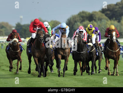 G Force mit Daniel Tudhope (in der Mitte blau) gewinnt den Betfred Sprint Cup während des Betfred Sprint Cup Festivals auf der Haydock Park Racecourse, Newton-le-Willows. Stockfoto