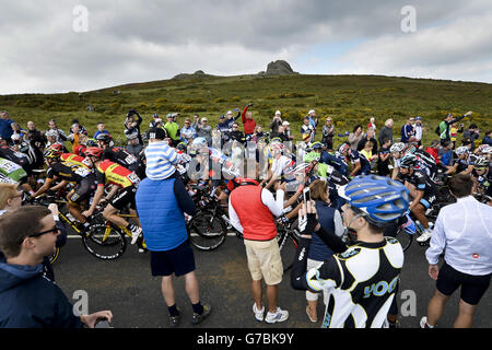 Die Massen jubeln dem Hauptfeld zu, während sie während einer Hügelbesteigung auf Dartmoor, Devon, während der fünften Etappe der Tour of Britain 2014 unter dem Hay Tor zusehen. Stockfoto