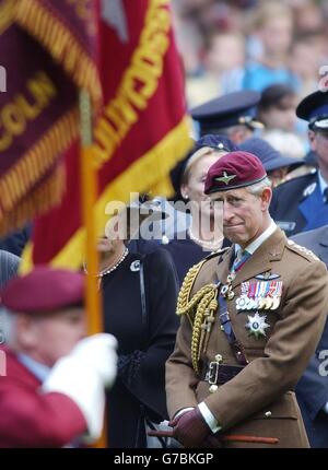 Die Prince of Wales Uhren als Veteran Standard Träger passieren ihn bei der 60. Jahrestag Pilgrimage Airborne Memorial Service auf Oosterbeek war Cemetery, in der Nähe von Arnhem, Holland. Prinz Charles schloss sich mehr als 5,000 Veteranen und ihren Familien an, um an die Toten der epischen Schlacht von Arnhem vor genau 60 Jahren zu erinnern. Sonntag, 19. September 2004. Siehe PA Story ROYAL Arnhem. PA Foto: Kirsty Wigglesworth. Stockfoto