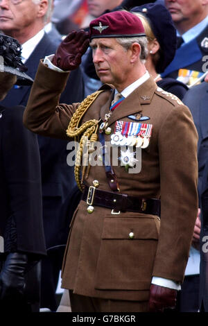 Der Prinz von Wales beim 60. Jahrestag Pilgrimage Airborne Memorial Service auf dem Oosterbeek war Cemetery, nahe Arnhem, Holland. Prinz Charles schloss sich mehr als 5,000 Veteranen und ihren Familien an, um an die Toten der epischen Schlacht von Arnhem vor genau 60 Jahren zu erinnern. Sonntag, 19. September 2004. Siehe PA Story ROYAL Arnhem. PA Foto: Kirsty Wigglesworth. Stockfoto