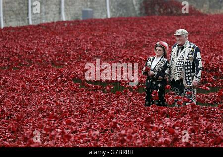 Doreen Golding, Pearly Queen of Bow Bells, und Roy York, Pearly King of Smithfield betrachten Mohnblumen, die Teil der Kunstinstallation „Blood Swept Lands and Seas of Red“ des Künstlers Paul Cummins im Tower of London sind, anlässlich des 100. Jahrestages des Ersten Weltkriegs Stockfoto