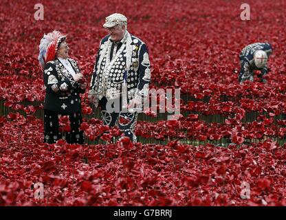 Doreen Golding, Pearly Queen of Bow Bells, und Roy York (Mitte), Pearly King of Smithfield mit Blick auf Mohnblumen, die Teil der Kunstinstallation 'Blood Swept Lands and Seas of Red' des Künstlers Paul Cummins im Tower of London sind, anlässlich des 100. Jahrestages des Ersten Weltkriegs Stockfoto