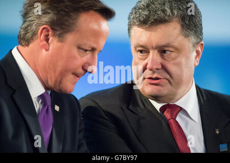 Premierminister David Cameron (links) und der ukrainische Präsident Petro Poroschenko während einer Arbeitssitzung über die Ukraine während des NATO-Gipfels im Celtic Manor Resort in Newport, Wales. Stockfoto