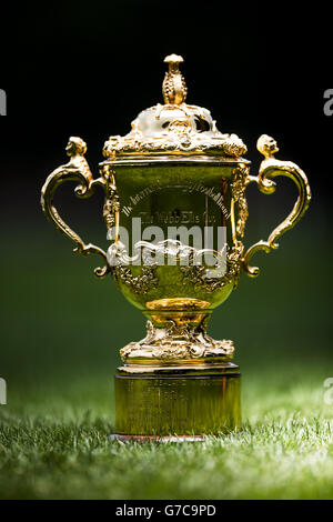 Rugby Union - 1 Jahr bis zur Rugby-Weltmeisterschaft 2015 - Rugby School. Detail des Webb Ellis Cups während einer Fotoansicht an der Rugby School, Warwickshire. Stockfoto