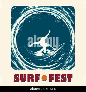 Surf Festival Emblem mit Surfer Fahrt auf einem langen Brett und Schriftzug SURF FEST. Abbildung im retro-Stil. Stock Vektor