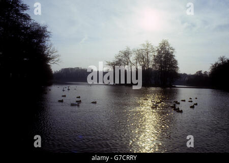 Ein See auf dem Gelände von Wollaton Hall in Wollaton Park, Nottingham, England. Die Halle wurde zwischen 1580 und 1588 für Sir Francis Willoughby erbaut und soll vom elisabethanischen Architekten Robert Smythson entworfen worden sein. 2011 wurden vor der Wollaton Hall wichtige Szenen aus dem Batman-Film The Dark Knight Rises gedreht. Stockfoto