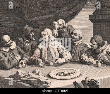 "Kolumbus das Ei zu brechen". Nach William HOGARTH antique print 1833 Stockfoto