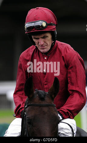 Champion Jockey Tony McCoy zeigt seine Unannehmlichkeit, als er nach seinem 150. Saisonsieger im Read Racinguk Columnists Hurdle Race auf der Wetherby Racecourse, Wetherby, zurück zur Winners-Anlage auf Goodwood Mirage kommt. Im nächsten Rennen zog er aus seiner Fahrt. Stockfoto