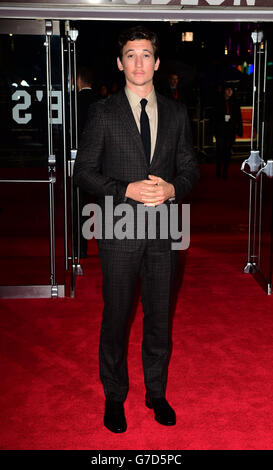 Miles Teller bei der Premiere des neuen Films Whiplash im Odeon Kino, London. Stockfoto